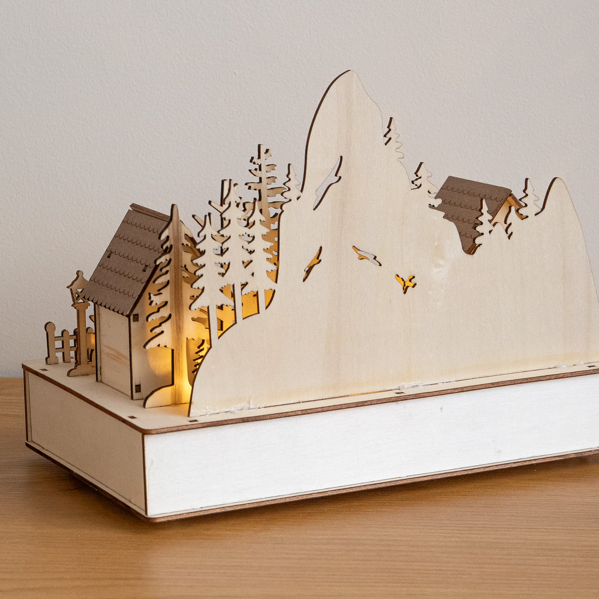28cm Light Up Wooden Winter Village Christmas Scene with 8 Warm White LEDs