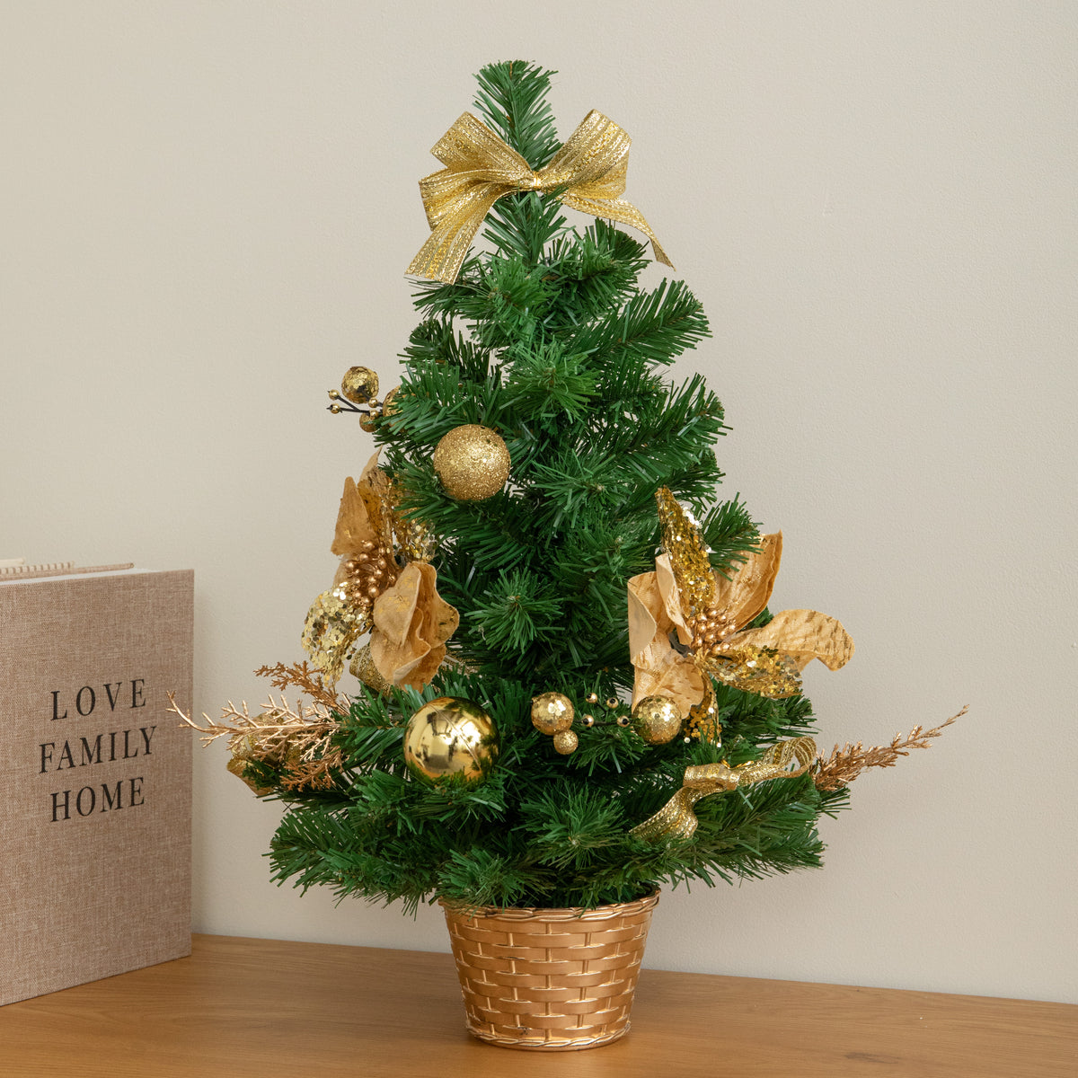 50cm Mini Christmas Fir Tree in Plastic Pot with Gold Decorations