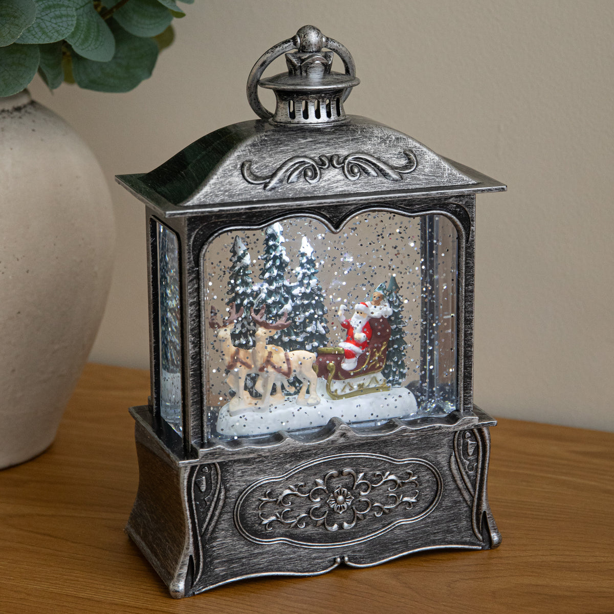 22cm Dual Powered Silver Santa Sleigh Christmas Water Spinner Lantern