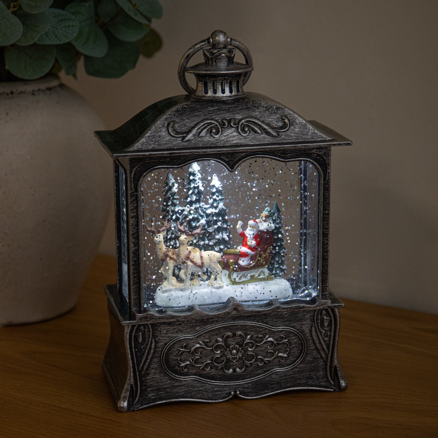 22cm Dual Powered Silver Santa Sleigh Christmas Water Spinner Lantern