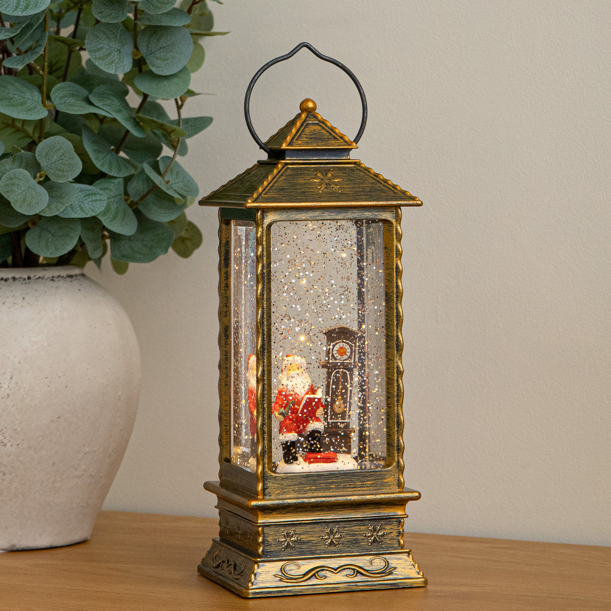 27cm Dual Powered Antique Gold LED Christmas Water Spinner with Santa & Clock