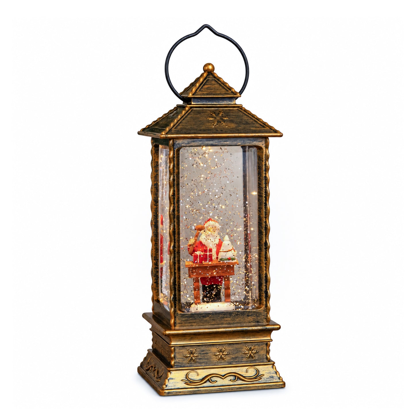 27cm Dual Powered Gold Santa Workshop Christmas Water Spinner Lantern