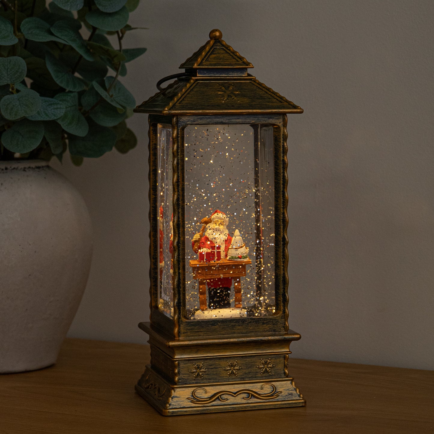 27cm Dual Powered Gold Santa Workshop Christmas Water Spinner Lantern