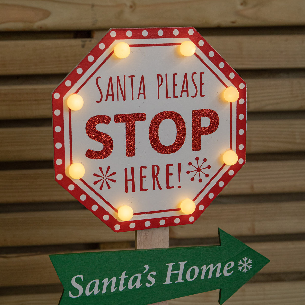75cm Light Up Wooden Santa Stop Here Christmas Sign with Warm White LEDs