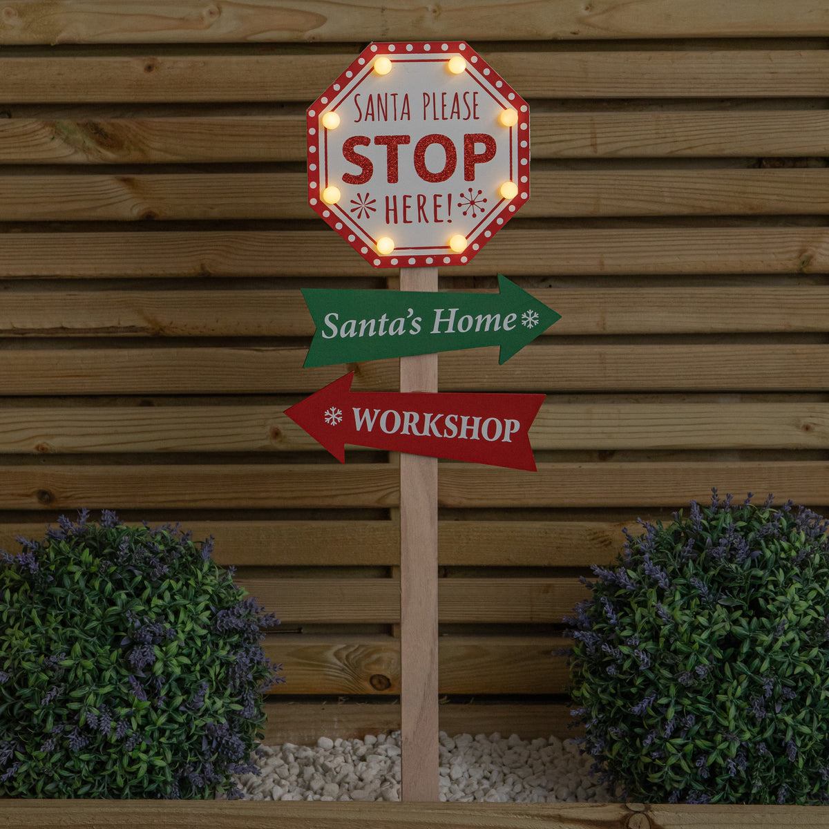 75cm Light Up Wooden Santa Stop Here Christmas Sign with Warm White LEDs