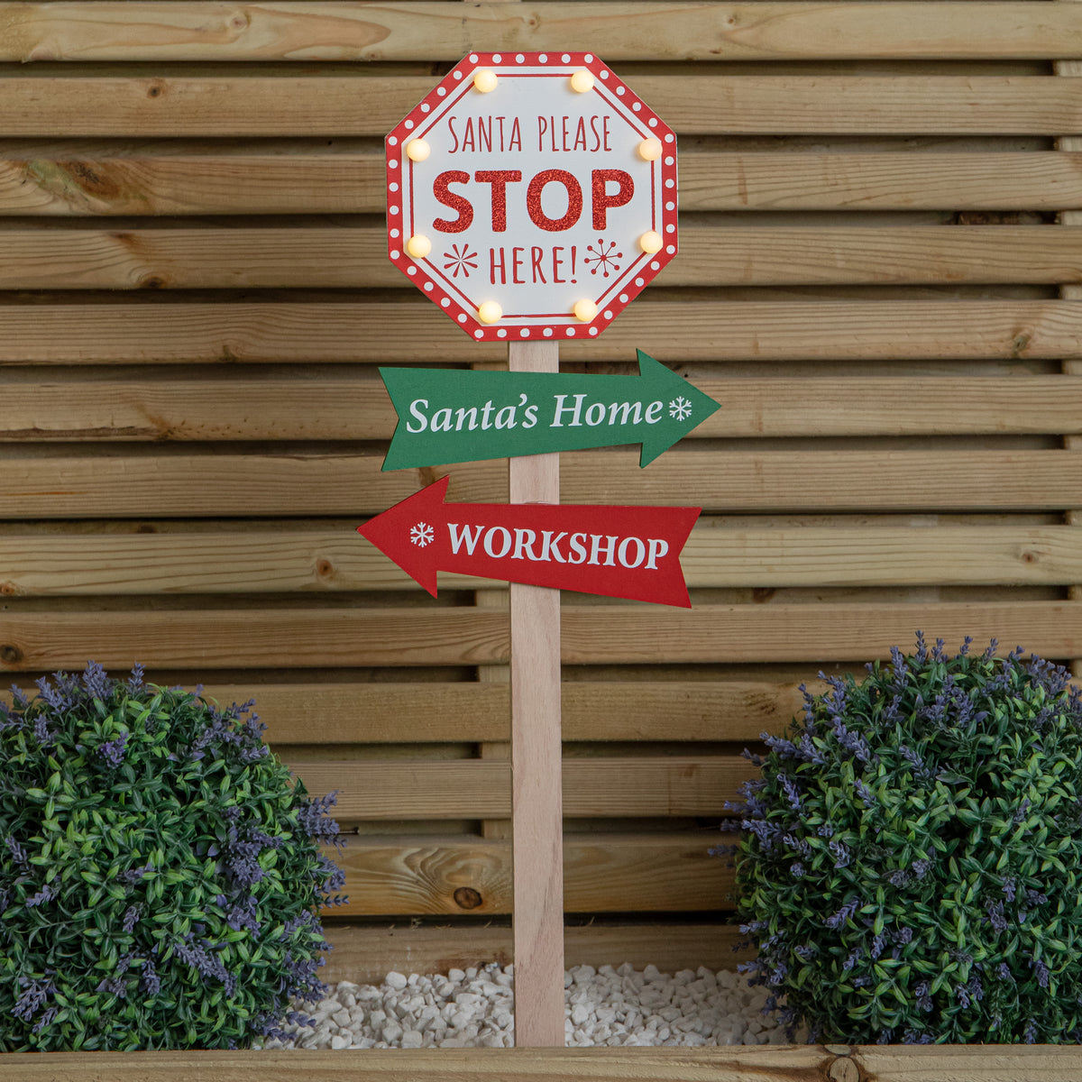 75cm Light Up Wooden Santa Stop Here Christmas Sign with Warm White LEDs