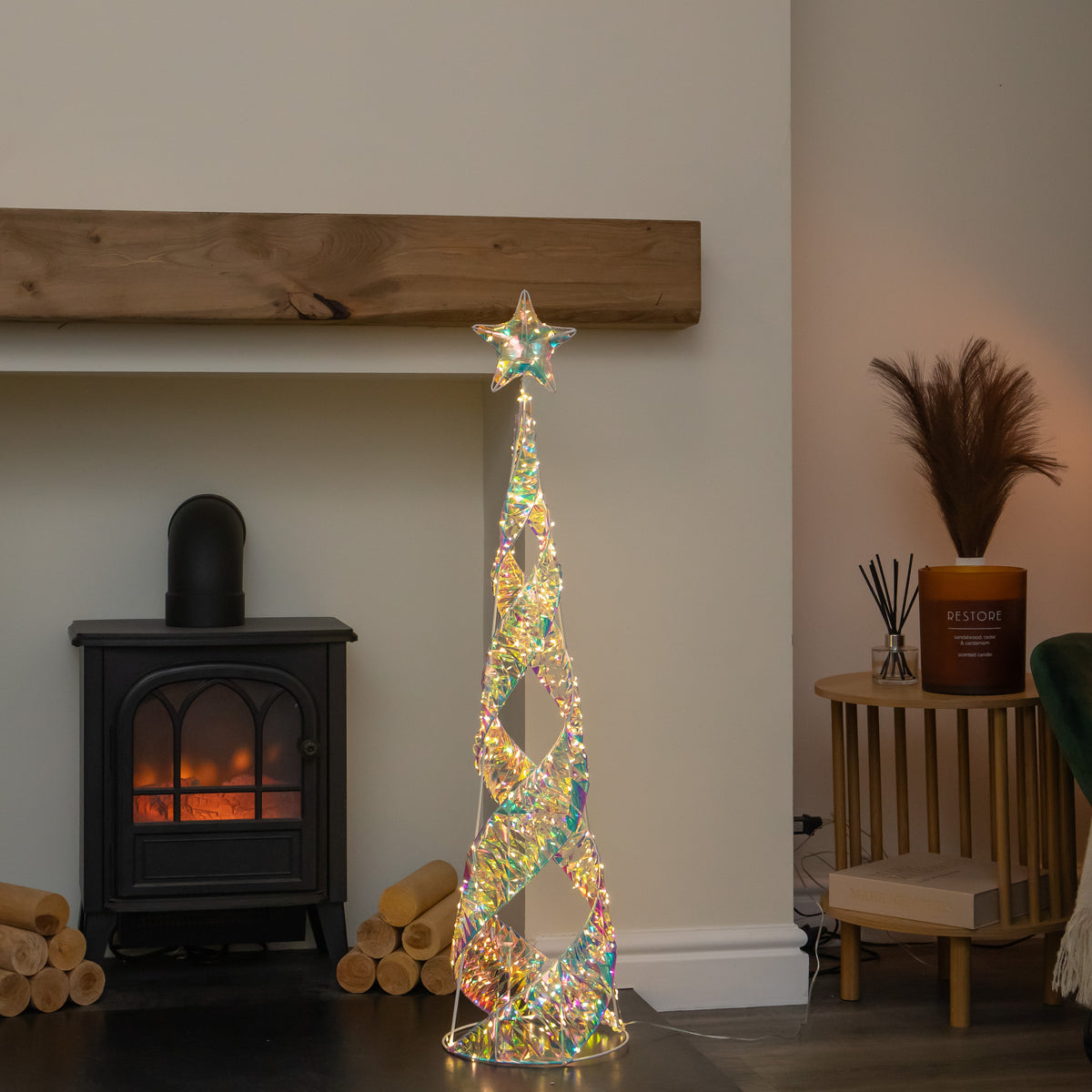 1m Christmas Light Up Cone Tree with Star & Warm White LEDs