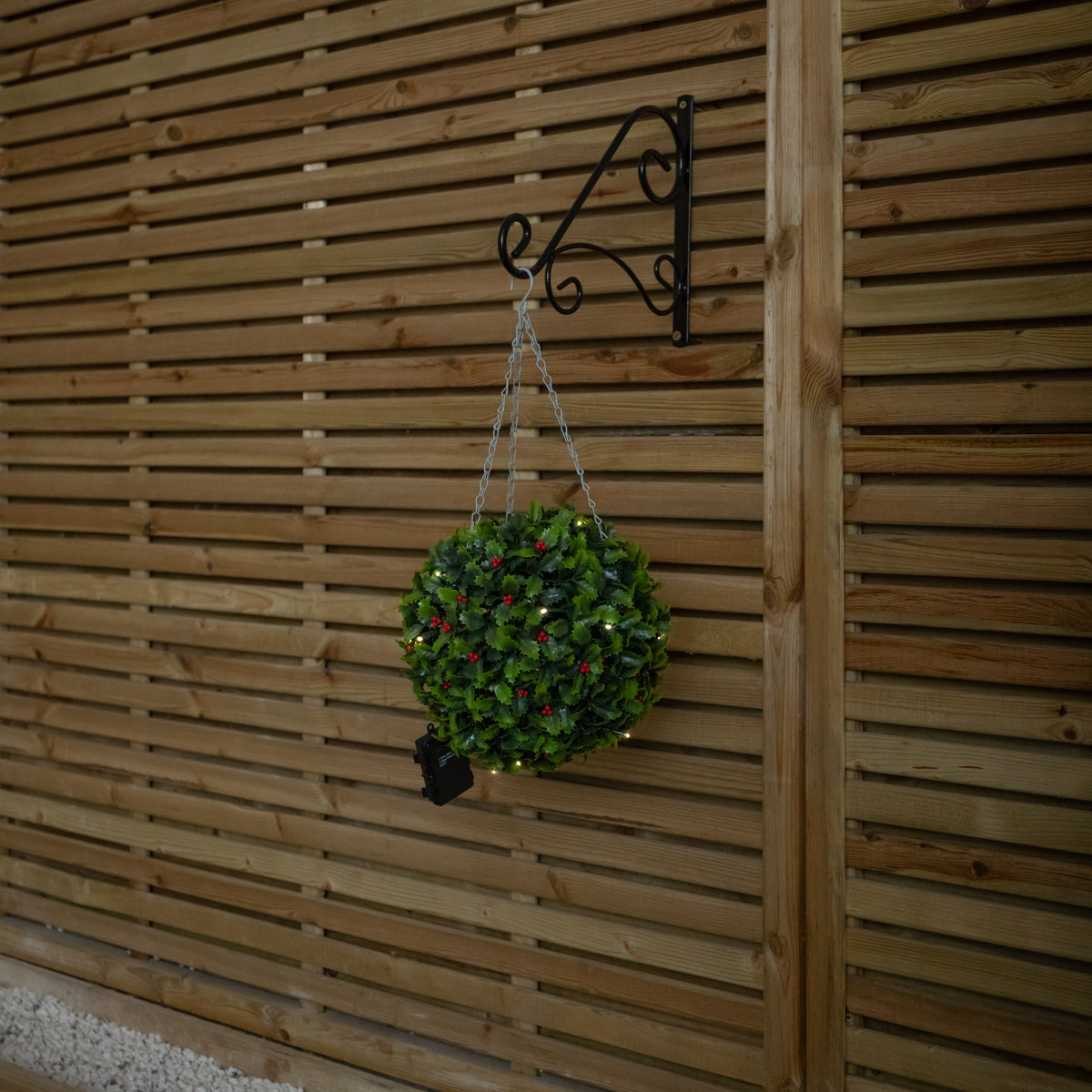30cm Light up Christmas Holly Topiary Ball with Berries with Hanging Hook