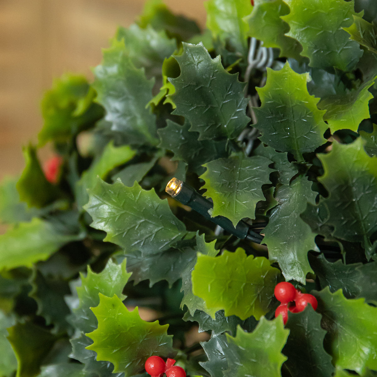 30cm Light up Christmas Holly Topiary Ball with Berries with Hanging Hook