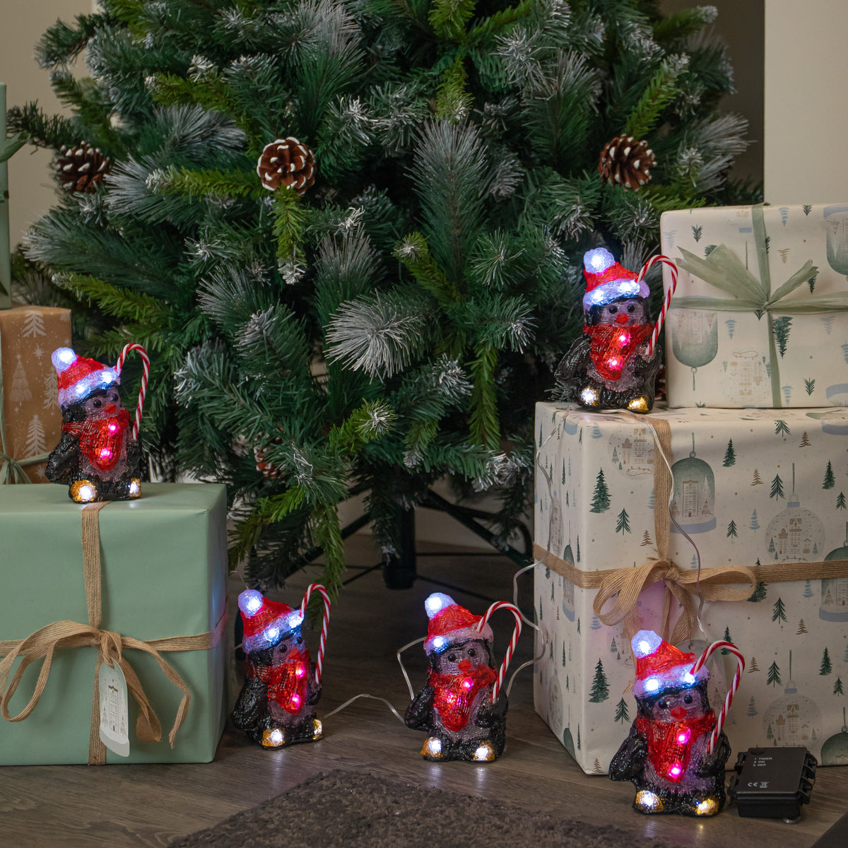 Set of 5 Acrylic Penguin Christmas Lights in Santa Hats with Cool White LEDs