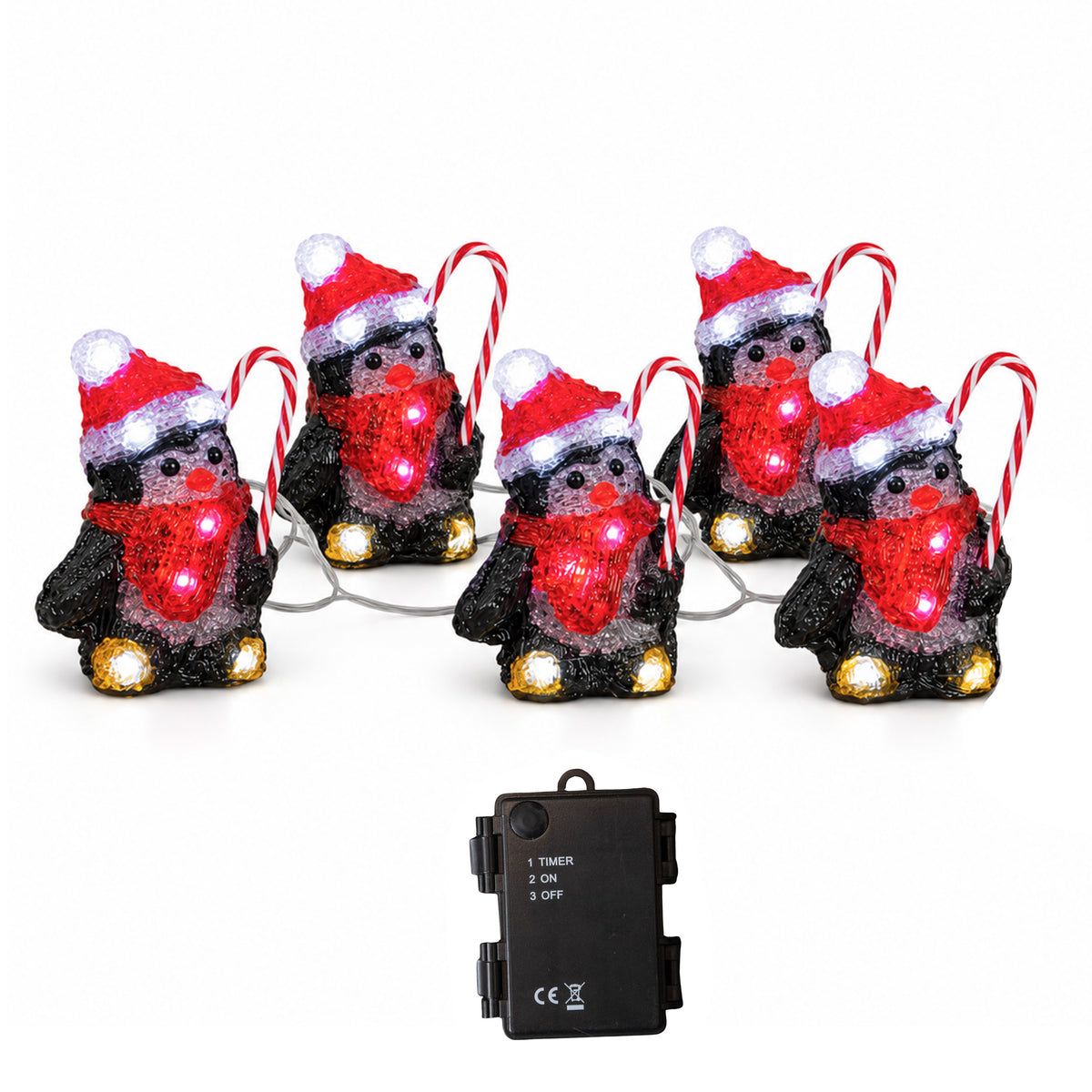 Set of 5 Acrylic Penguin Christmas Lights in Santa Hats with Cool White LEDs
