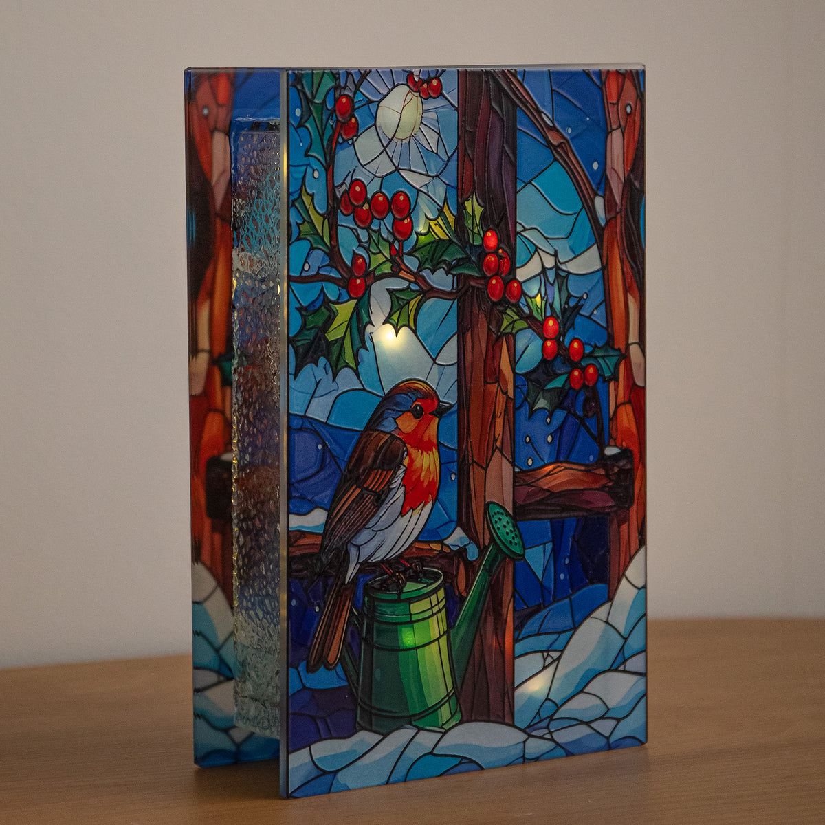 21 x 13cm Light Up Robin Stained Glass Christmas Decoration