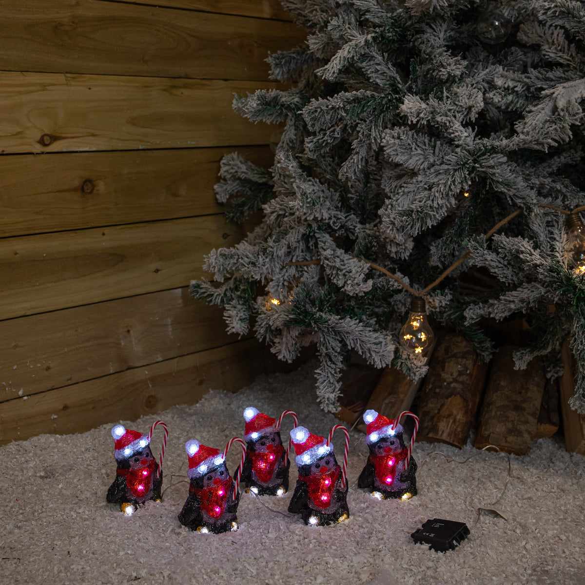 Set of 5 Acrylic Penguin Christmas Lights in Santa Hats with Cool White LEDs
