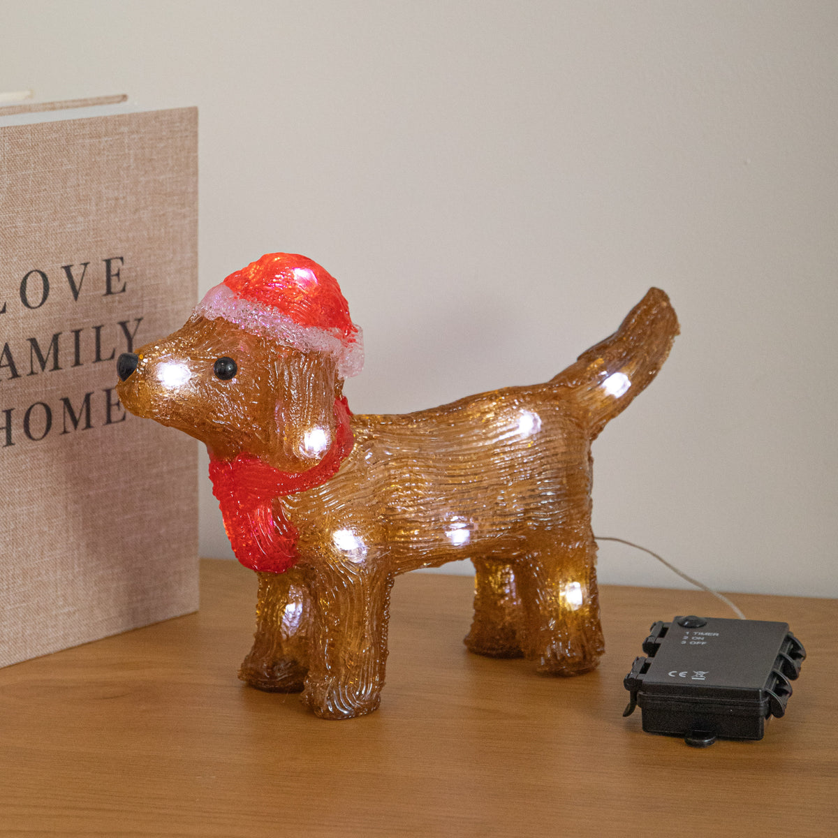 28cm Light Up Acrylic Christmas Dog Decoration with Santa Hat & LEDs
