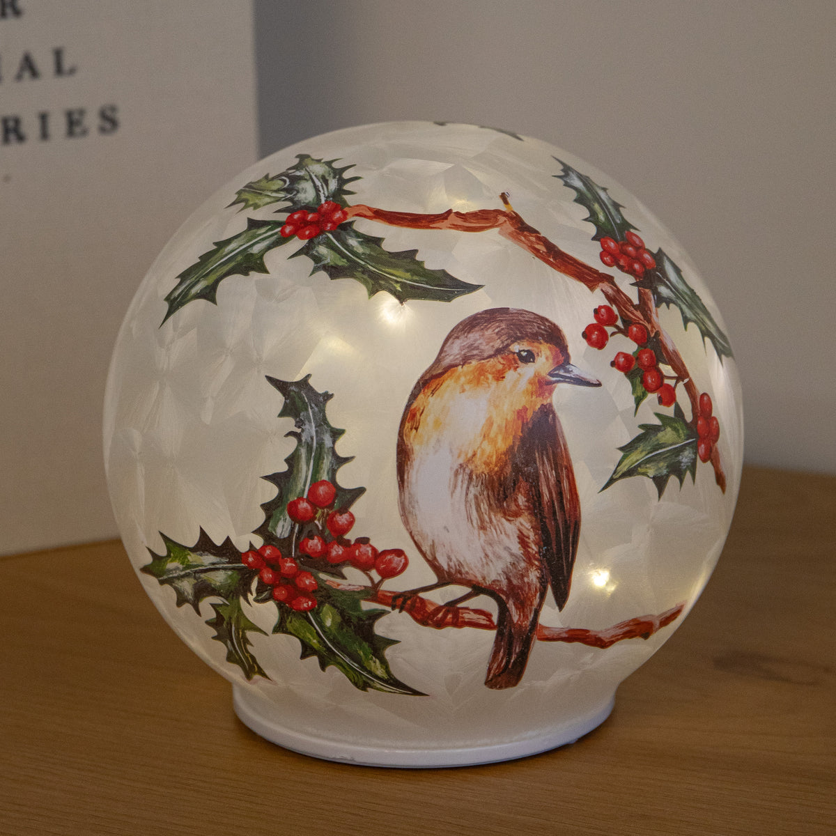 15cm Light Up Christmas Robin Glass Ball with Warm White LEDs