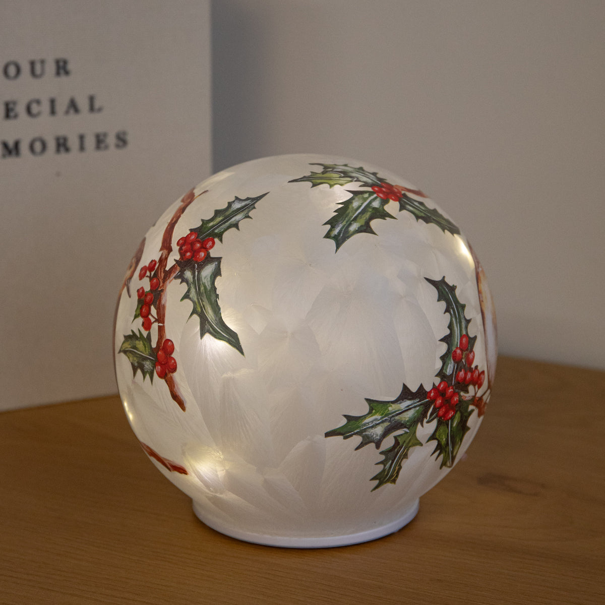 15cm Light Up Christmas Robin Glass Ball with Warm White LEDs
