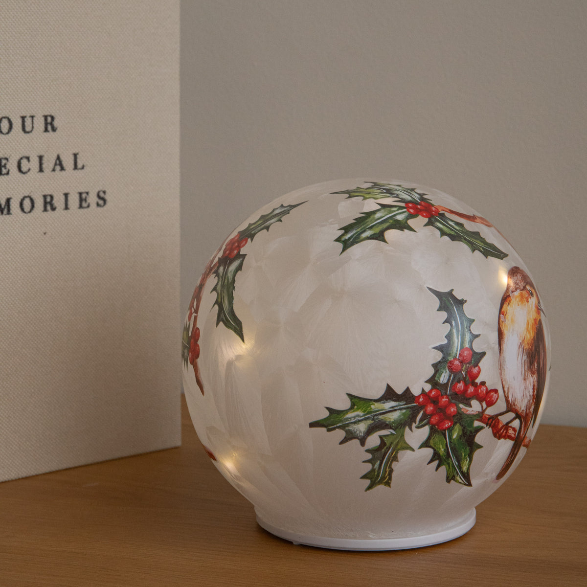 15cm Light Up Christmas Robin Glass Ball with Warm White LEDs