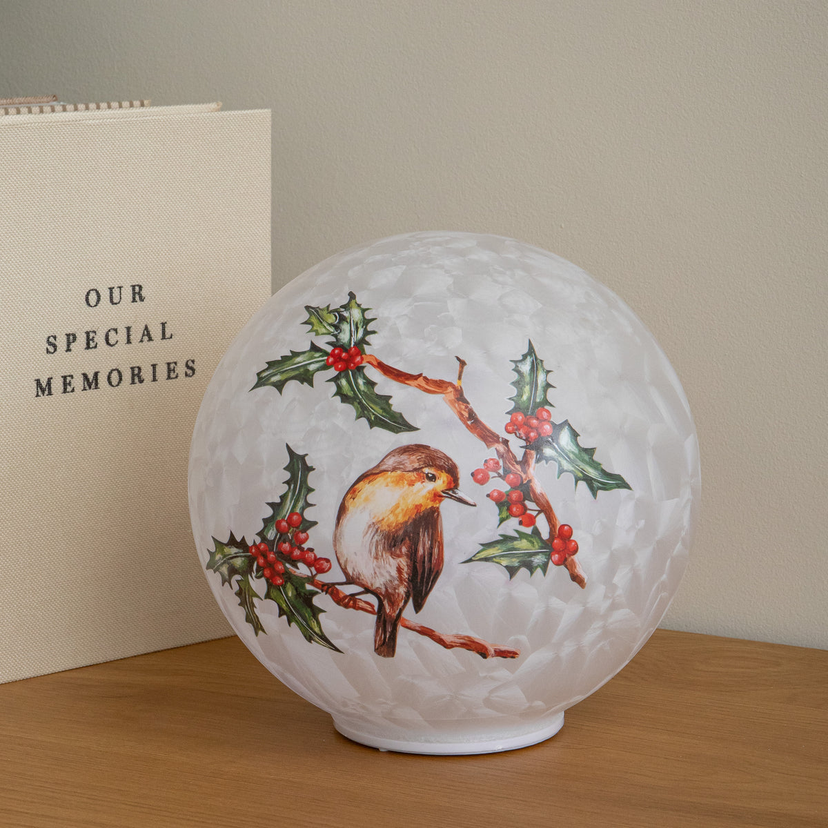 20cm Light Up Christmas Robin Glass Ball with Cool White LEDs