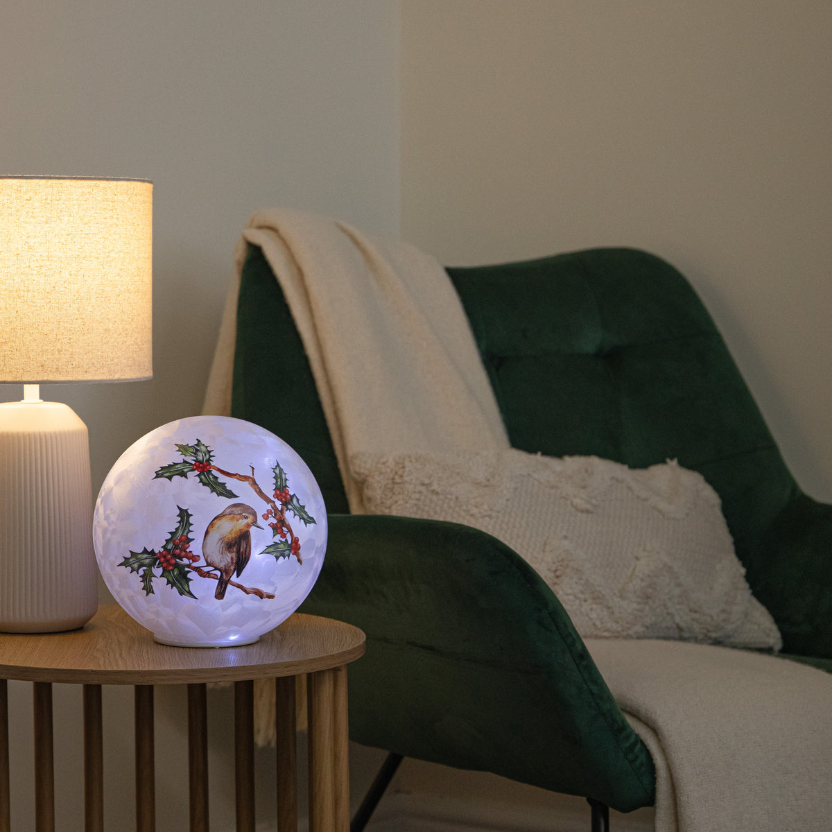 20cm Light Up Christmas Robin Glass Ball with Cool White LEDs