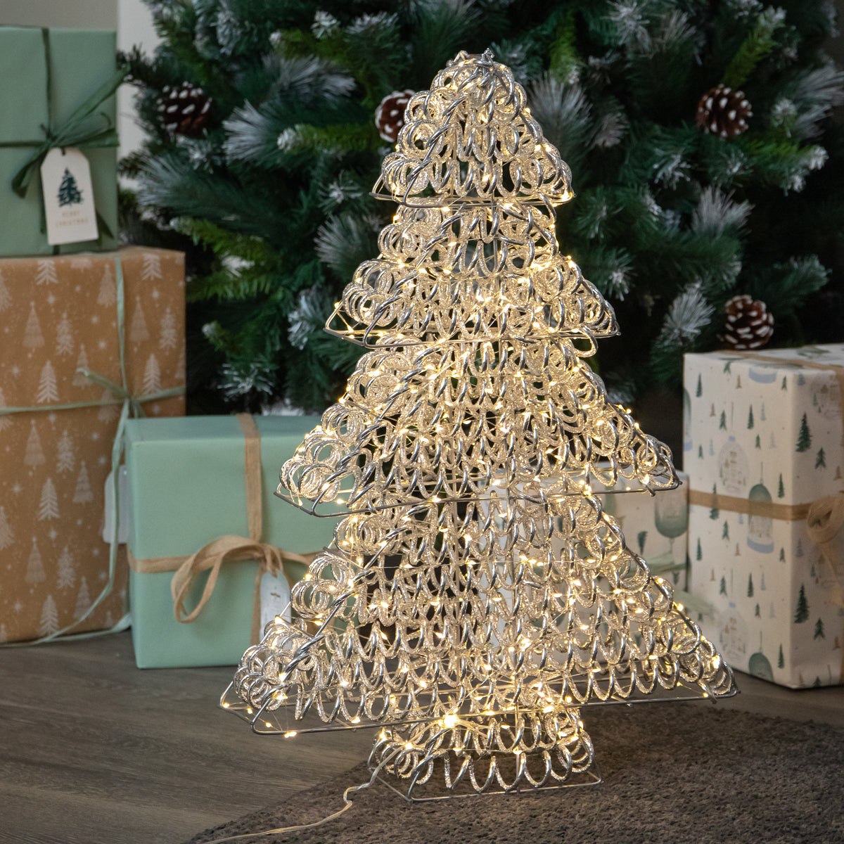 60cm Light up Silver Spiral Twirl Christmas Tree with Warm White LEDs