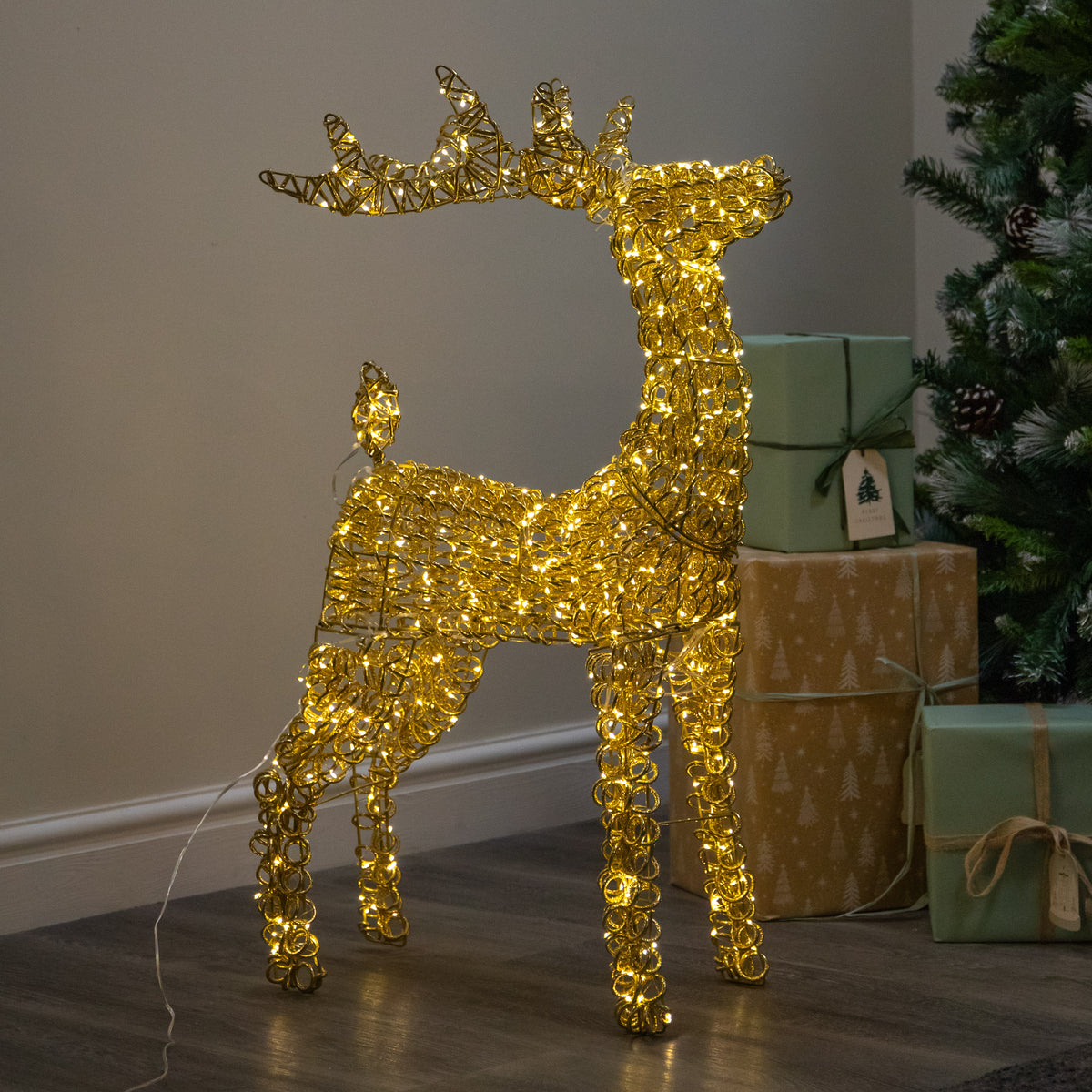 80cm Light Gold Spiral Twirl Christmas Reindeer with Warm White LEDs