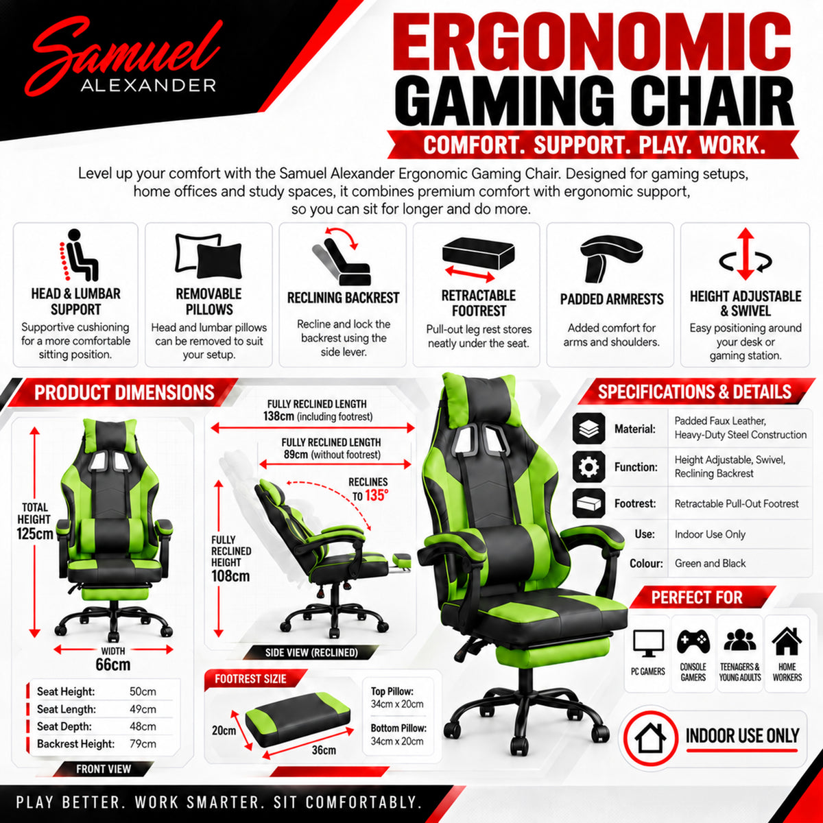 Ergonomic Gaming Chair with Footrest and Removable Pillows in Green