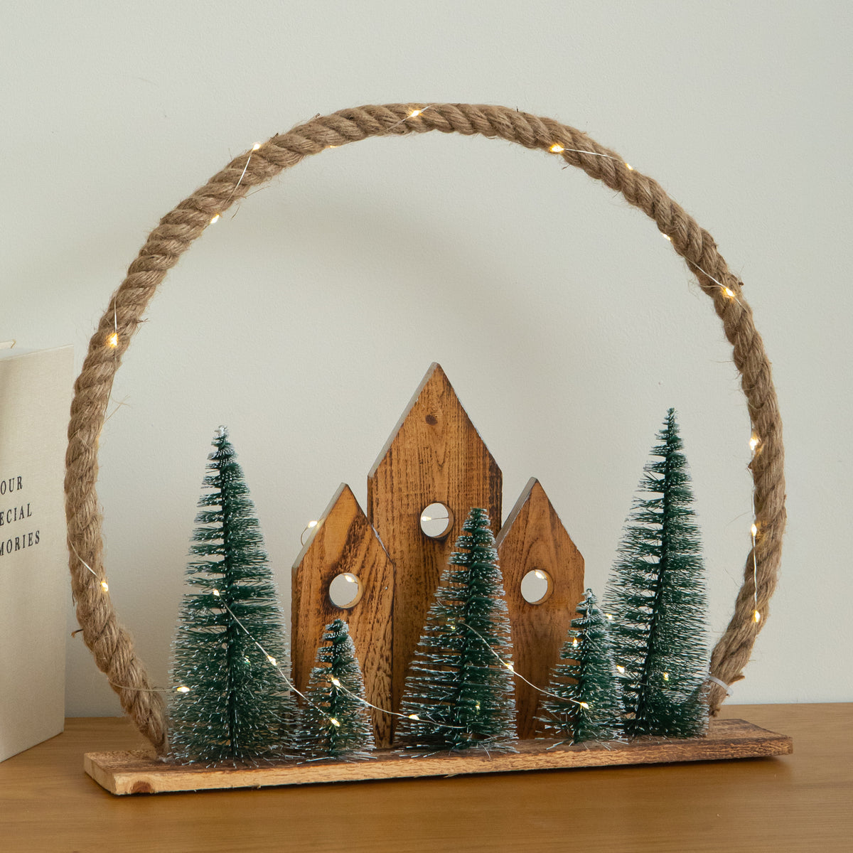 38cm Christmas Village Wreath Lit Wooden Village Scene with Jute Rope