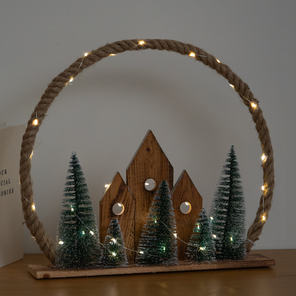 38cm Christmas Village Wreath Lit Wooden Village Scene with Jute Rope
