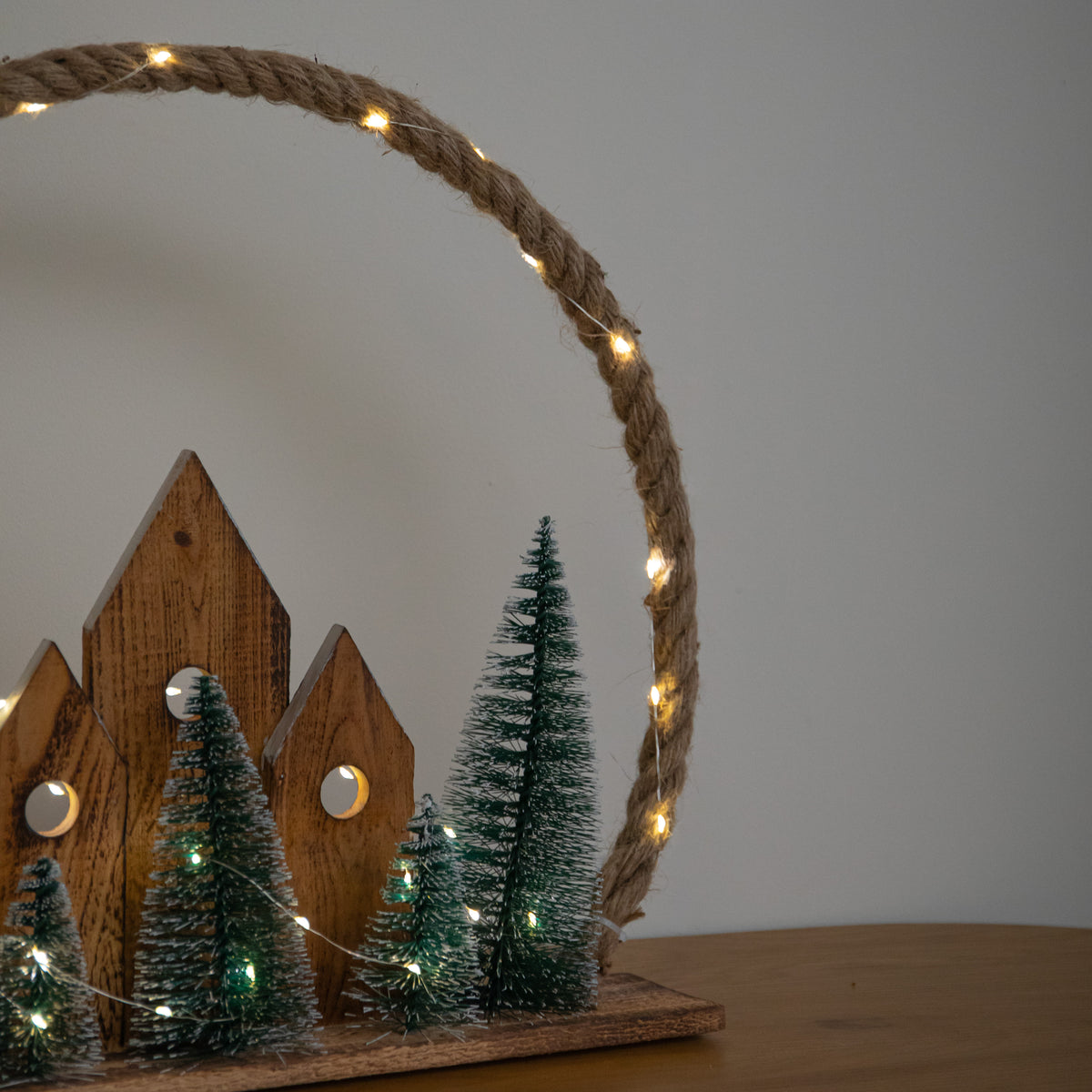 38cm Christmas Village Wreath Lit Wooden Village Scene with Jute Rope