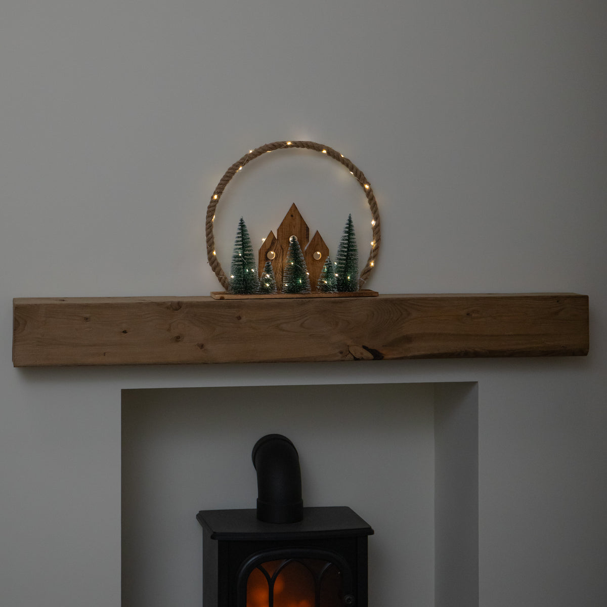 38cm Christmas Village Wreath Lit Wooden Village Scene with Jute Rope