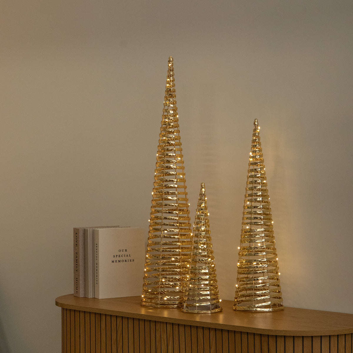 Set of 3 Light Up Gold Braid Christmas Cone Trees with Warm White LEDs