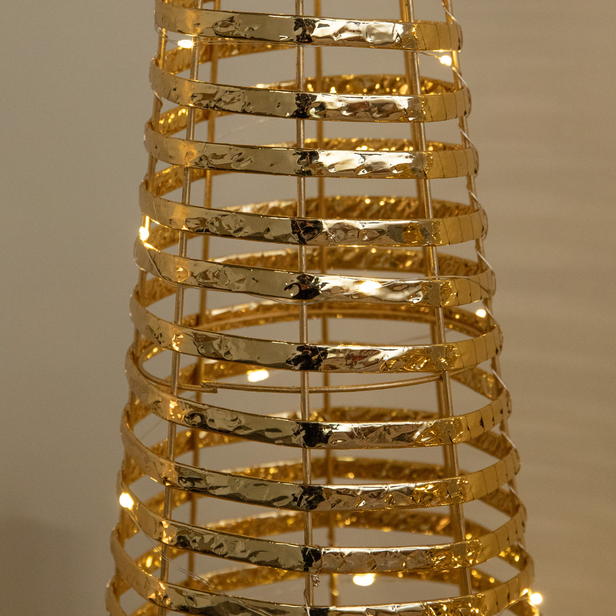 Set of 3 Light Up Gold Braid Christmas Cone Trees with Warm White LEDs