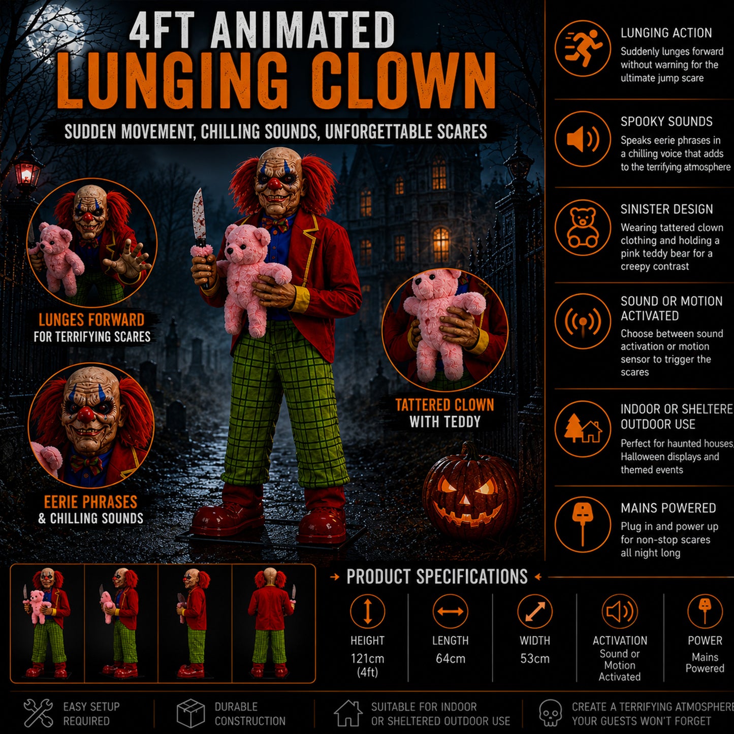 4ft Tall Lunging Animated Clown Halloween Animatronic Decoration