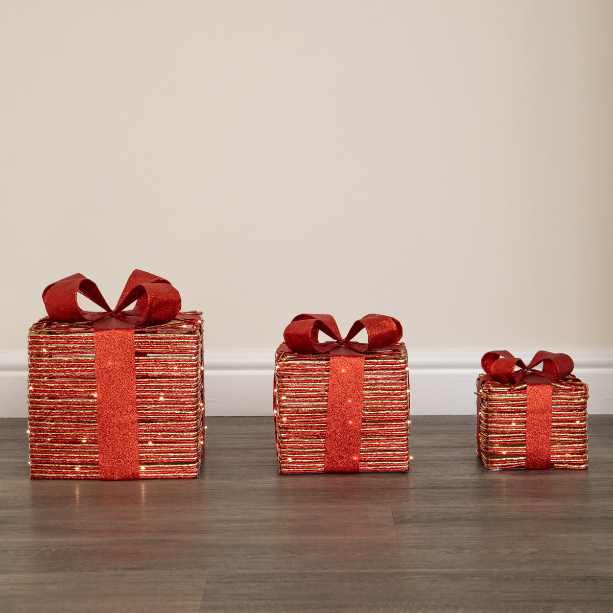 Set of 3 Red & Gold Light Up Christmas Parcel Gift Boxes with 90 Warm White LEDs