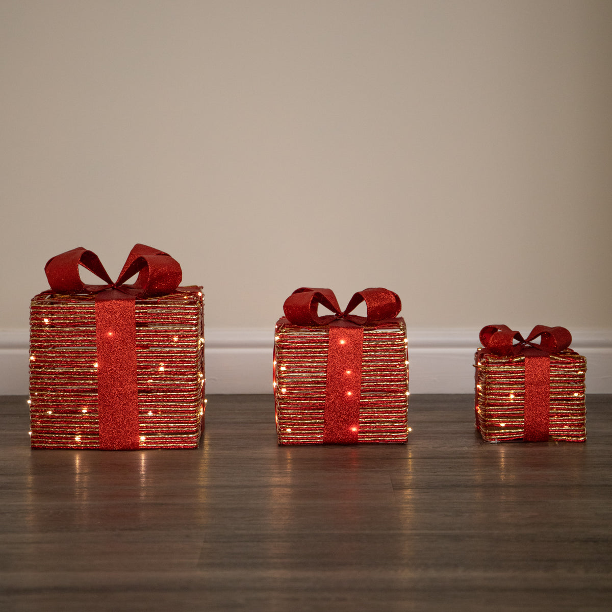 Set of 3 Red & Gold Light Up Christmas Parcel Gift Boxes with 90 Warm White LEDs