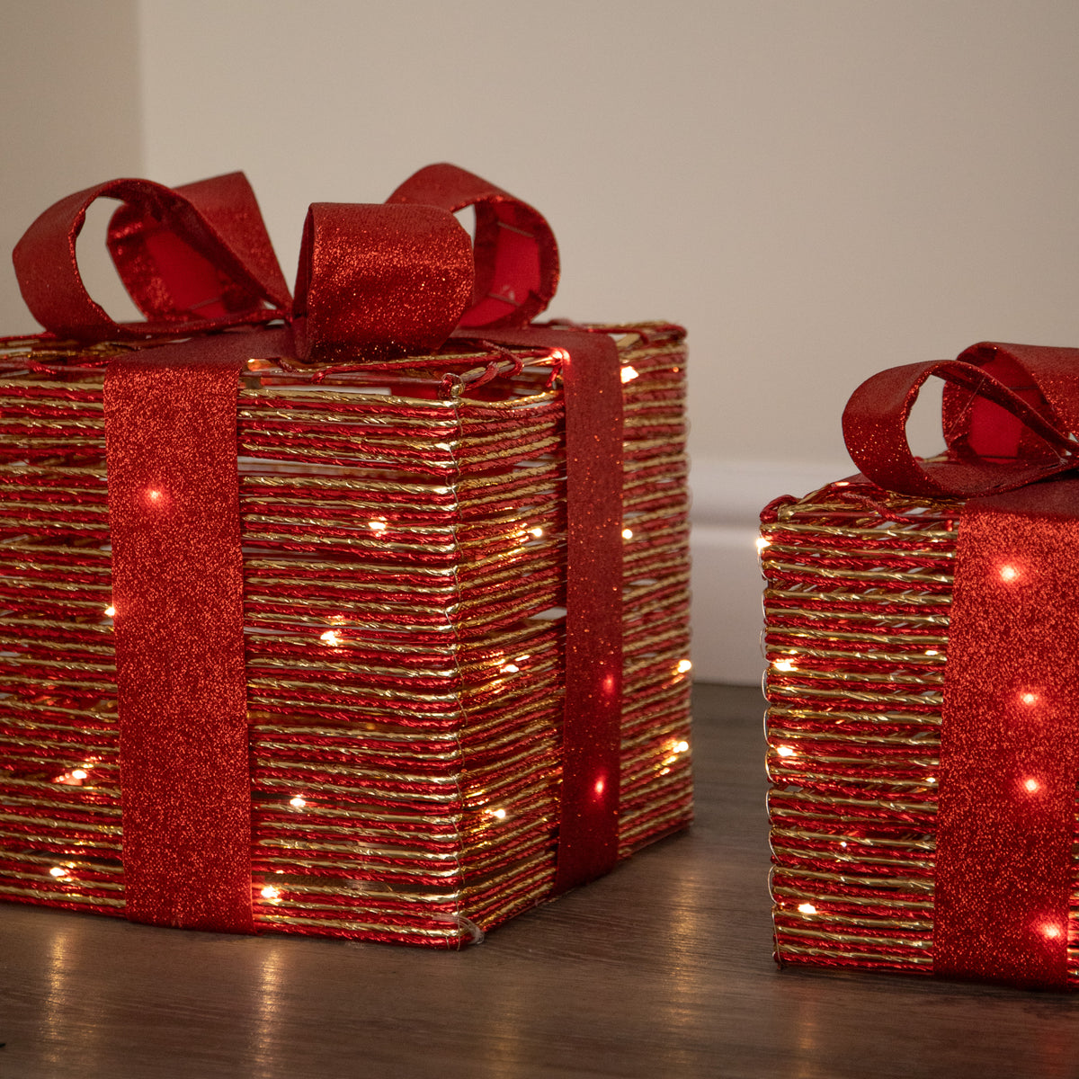 Set of 3 Red & Gold Light Up Christmas Parcel Gift Boxes with 90 Warm White LEDs