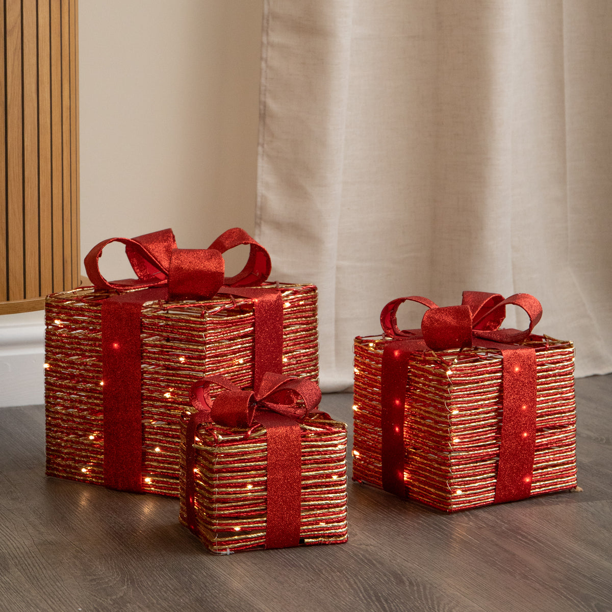 Set of 3 Red & Gold Light Up Christmas Parcel Gift Boxes with 90 Warm White LEDs