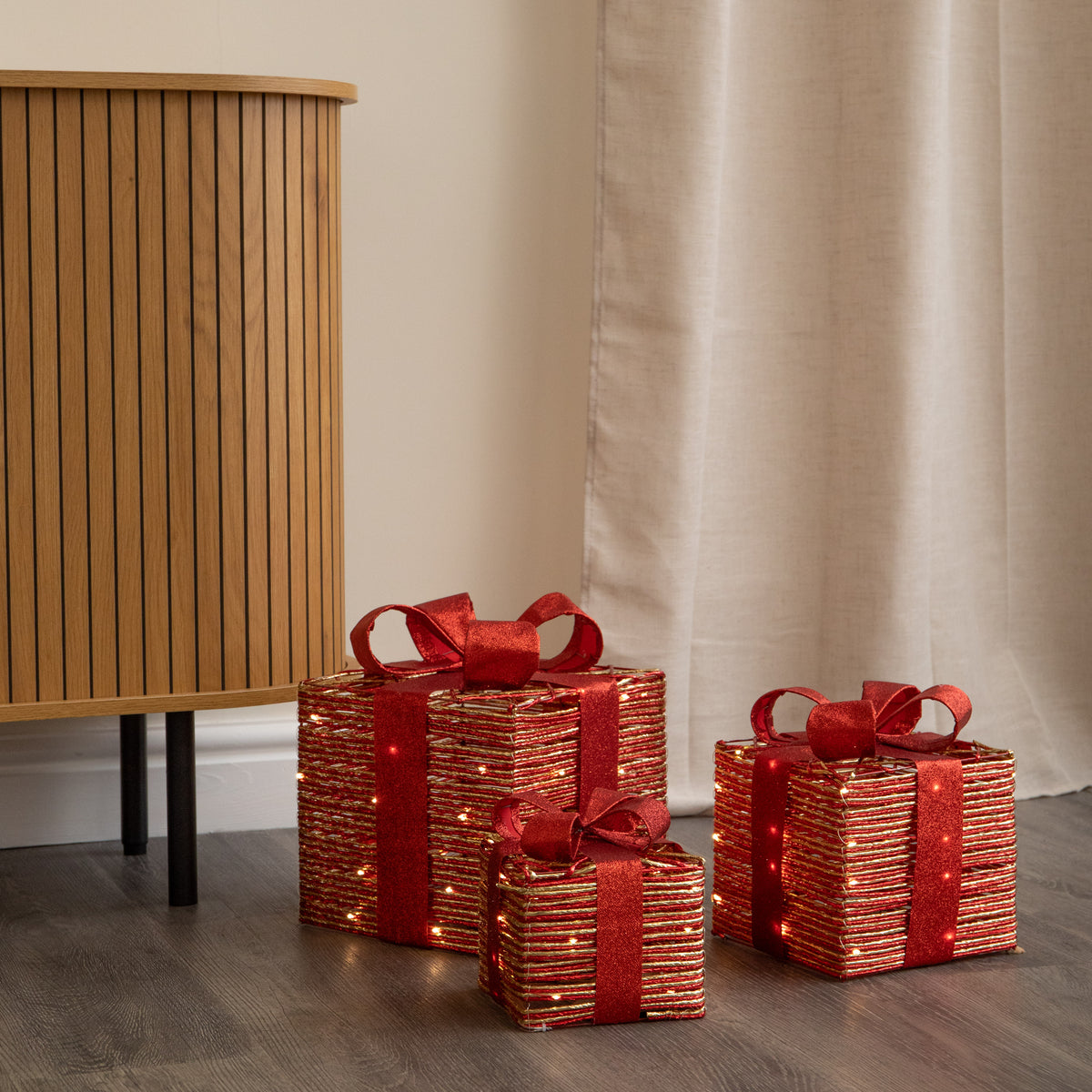 Set of 3 Red & Gold Light Up Christmas Parcel Gift Boxes with 90 Warm White LEDs