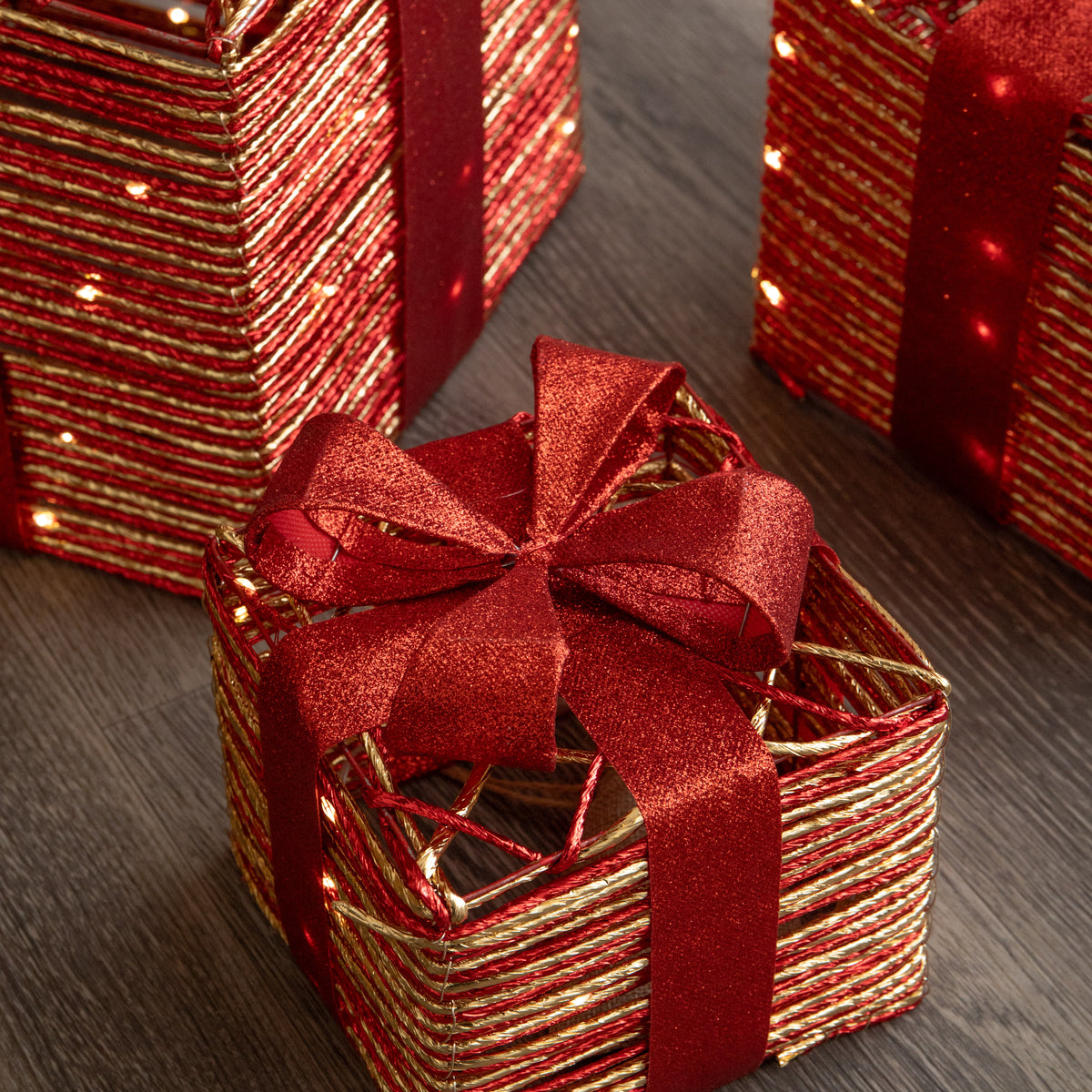 Set of 3 Red & Gold Light Up Christmas Parcel Gift Boxes with 90 Warm White LEDs