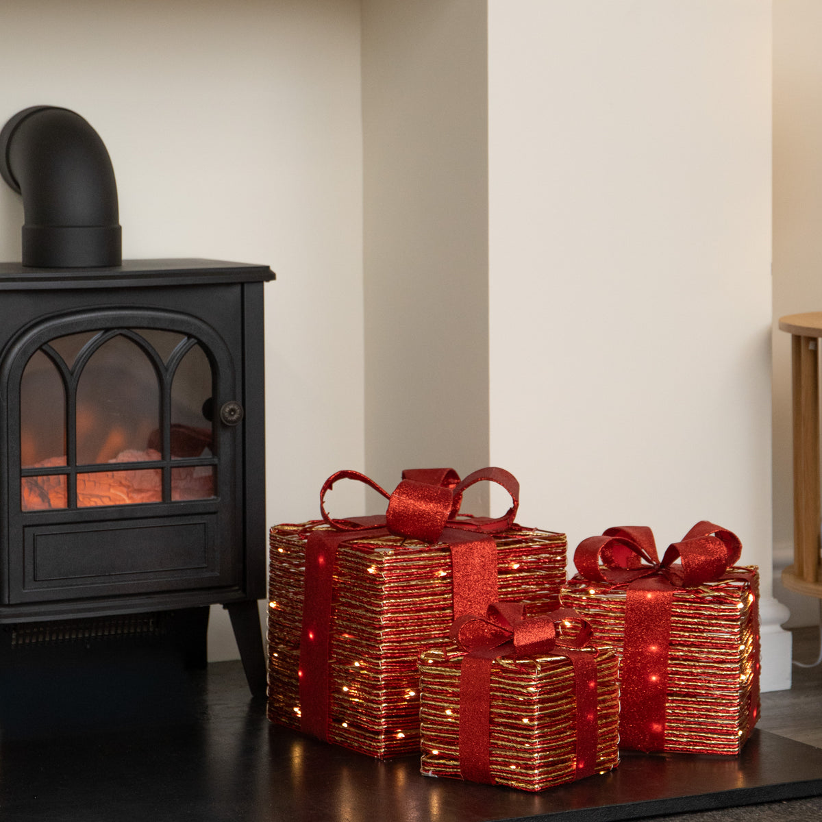 Set of 3 Red & Gold Light Up Christmas Parcel Gift Boxes with 90 Warm White LEDs