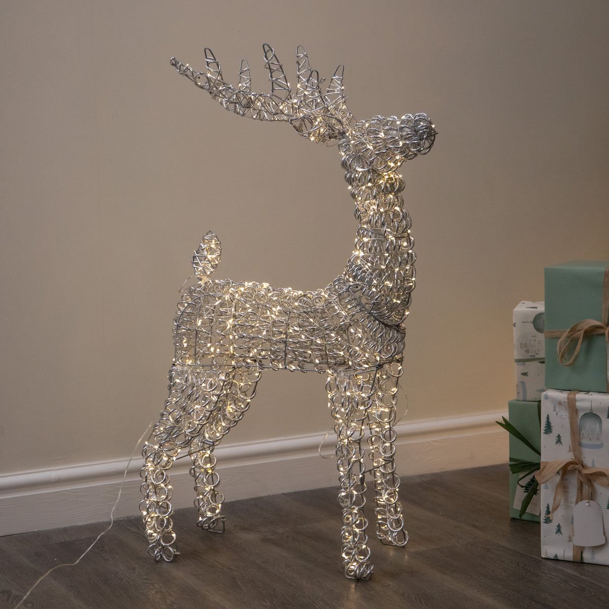 80cm Light up Silver Spiral Twirl Christmas Reindeer with Warm White LEDs