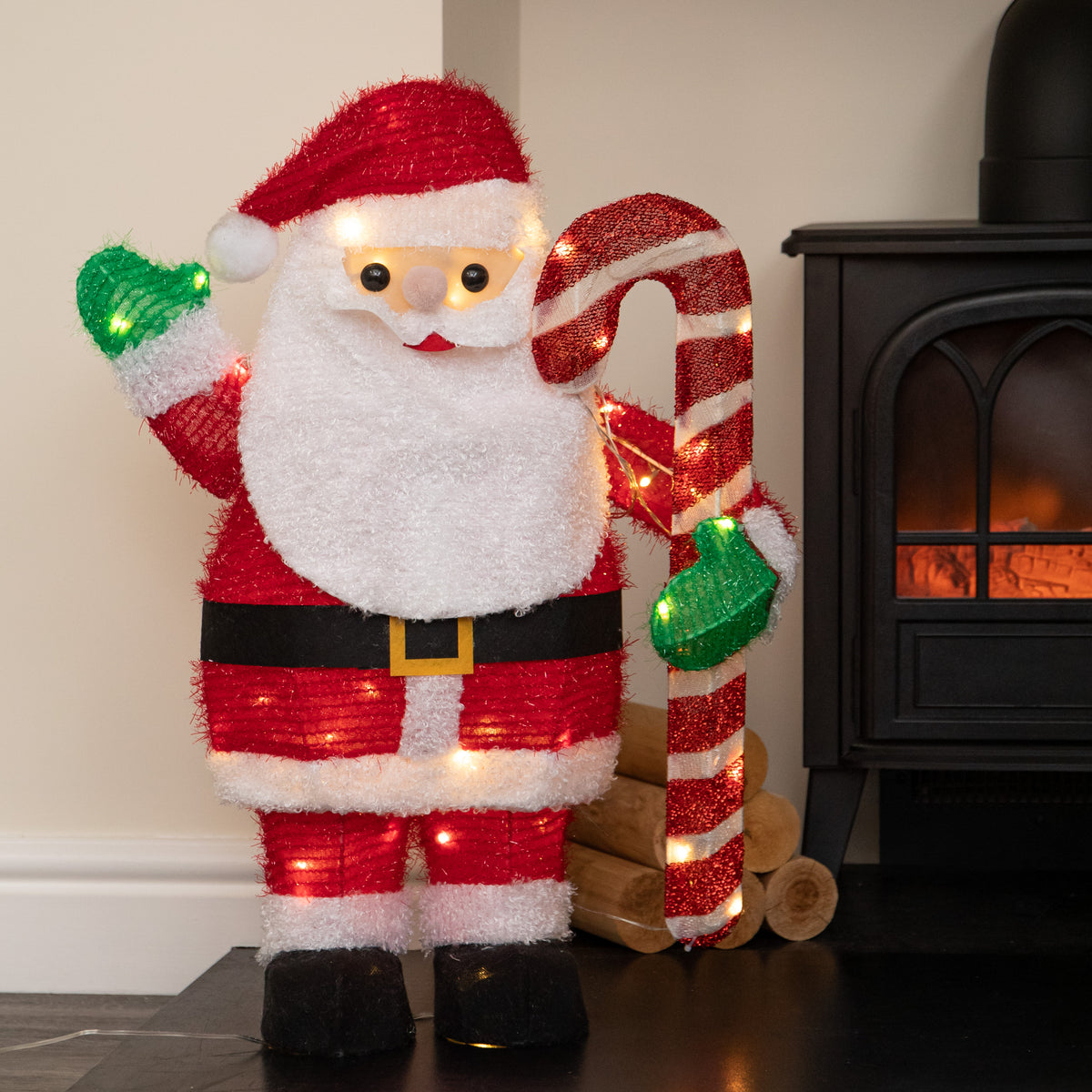 65cm Light Up Santa Claus with Candy Cane & 64 Warm White LEDs