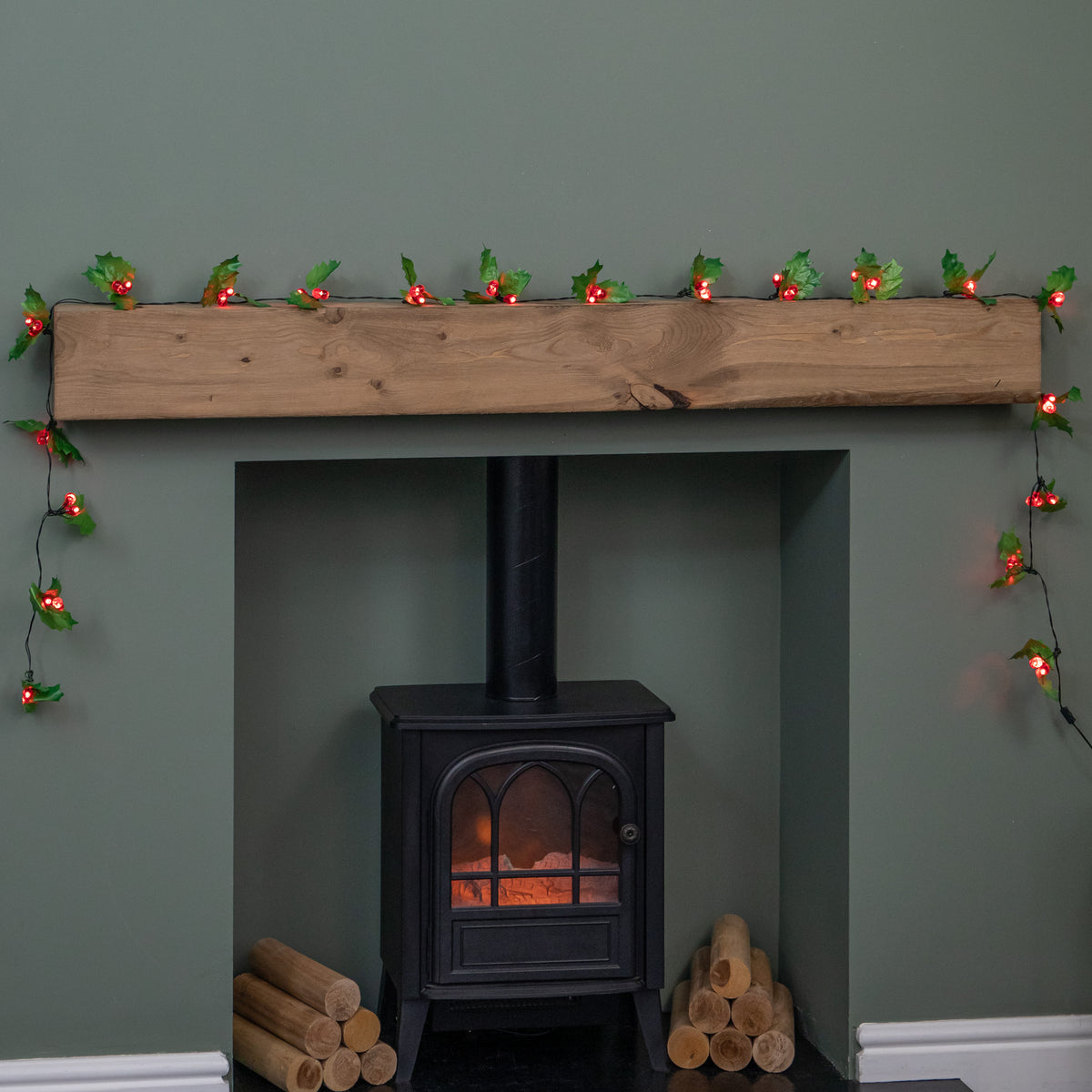 2.8m Christmas Holly Garland with Red Berries and 40 Red LEDs