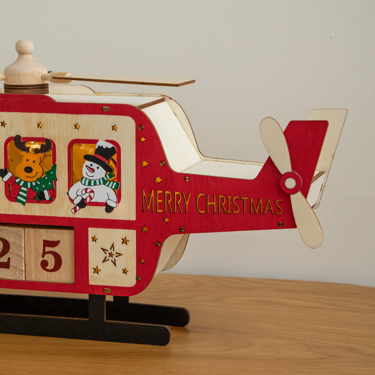 33cm Light Up Wooden Christmas Countdown Helicopter with Music & LEDs