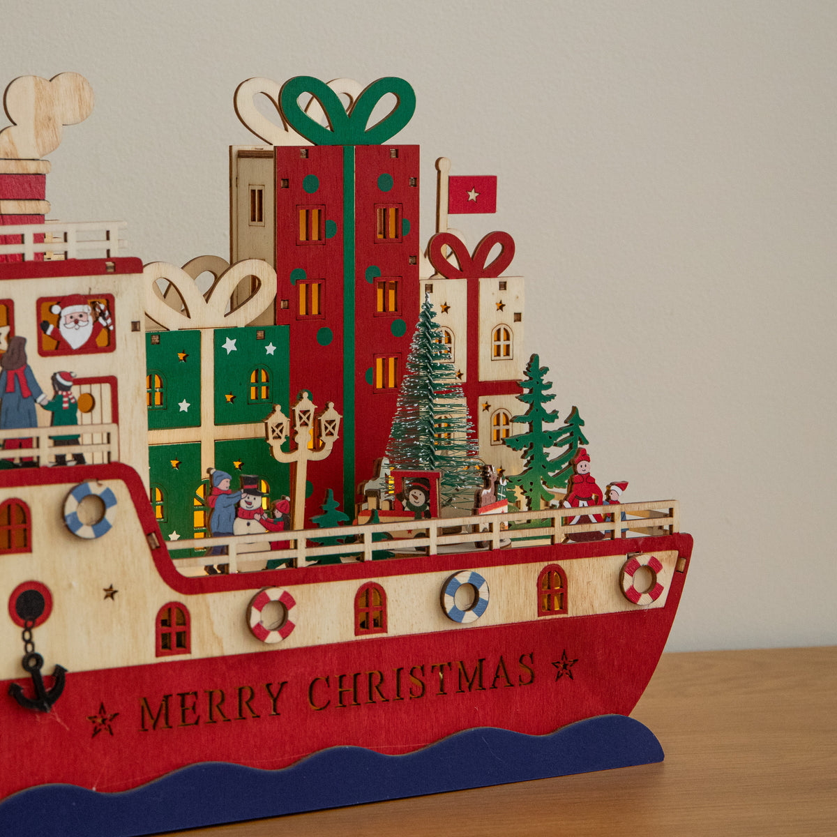 30cm Light Up S.S. Noel Wooden Christmas Boat Decoration with LEDs