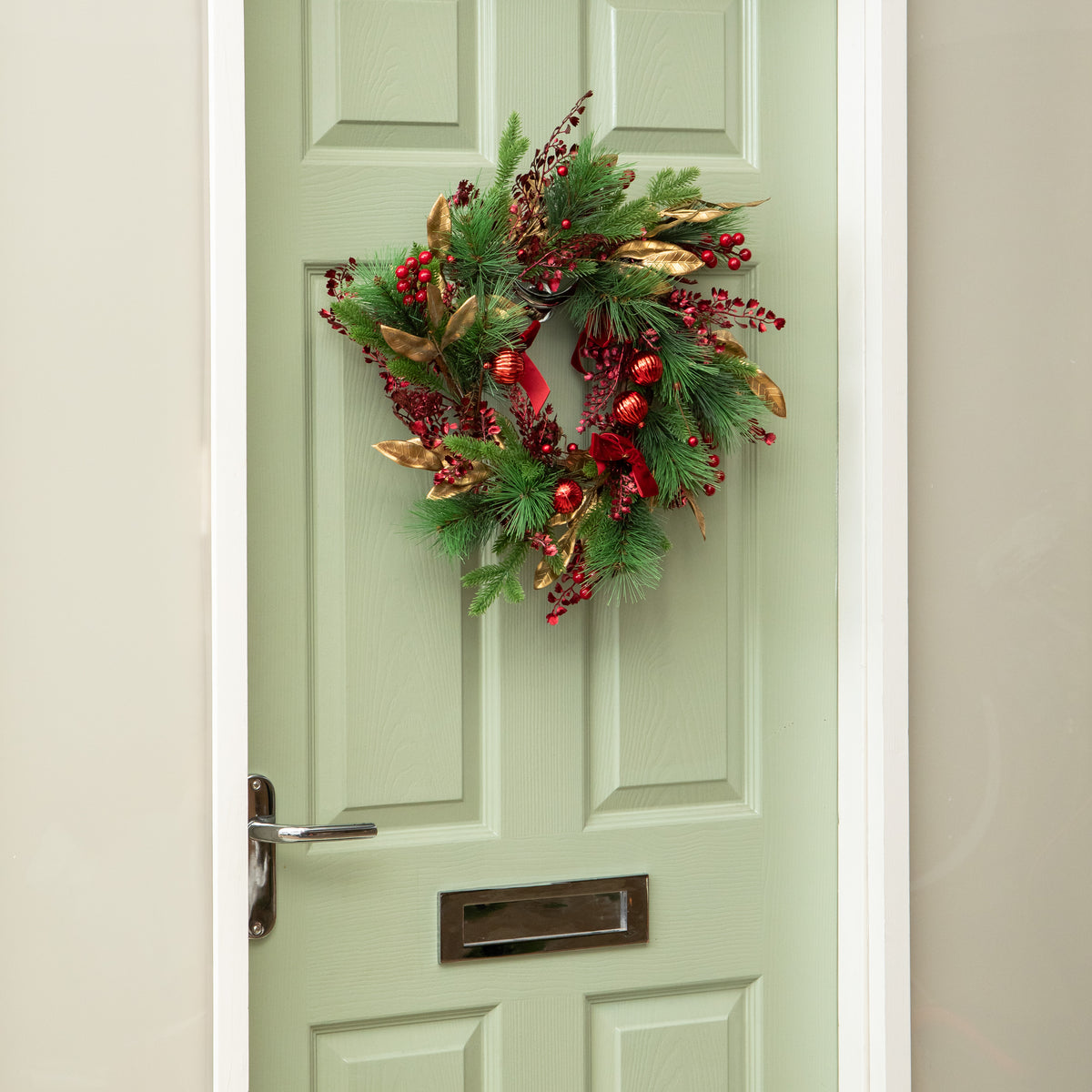 38cm Ruby Velvet Christmas Wreath with Red Baubles, Berries & Bows