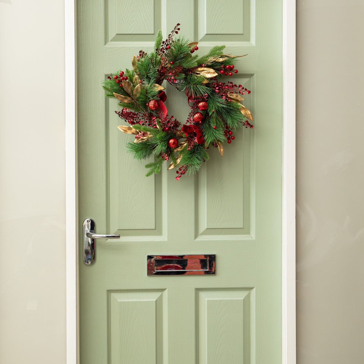 38cm Ruby Velvet Christmas Wreath with Red Baubles, Berries & Bows