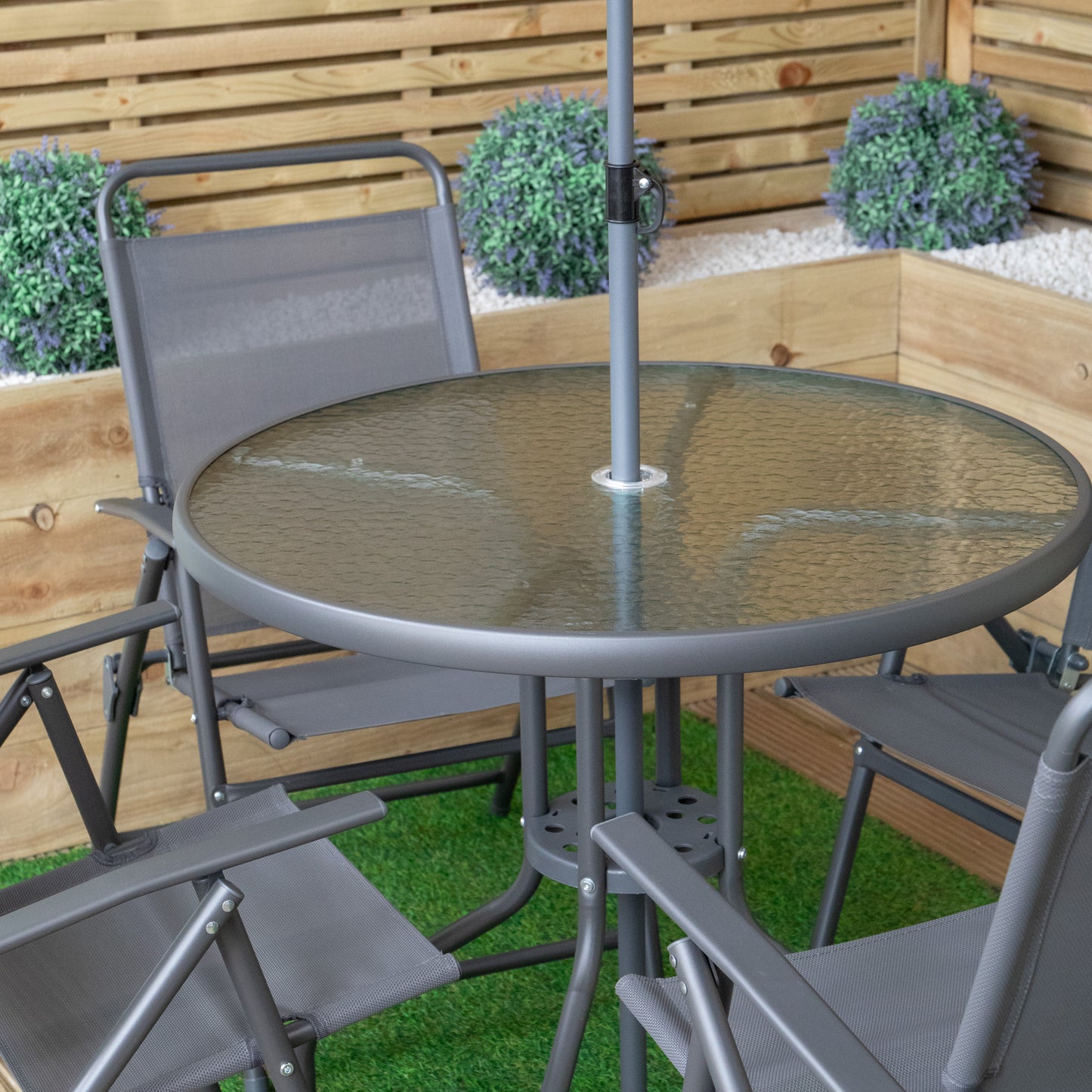4 Person Outdoor Round Garden Table with Glass Top in Grey