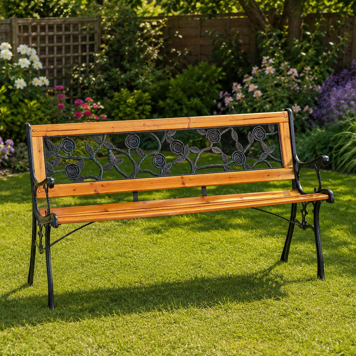 2 Seater Outdoor Wooden & Cast Iron Garden Bench with Rose Design