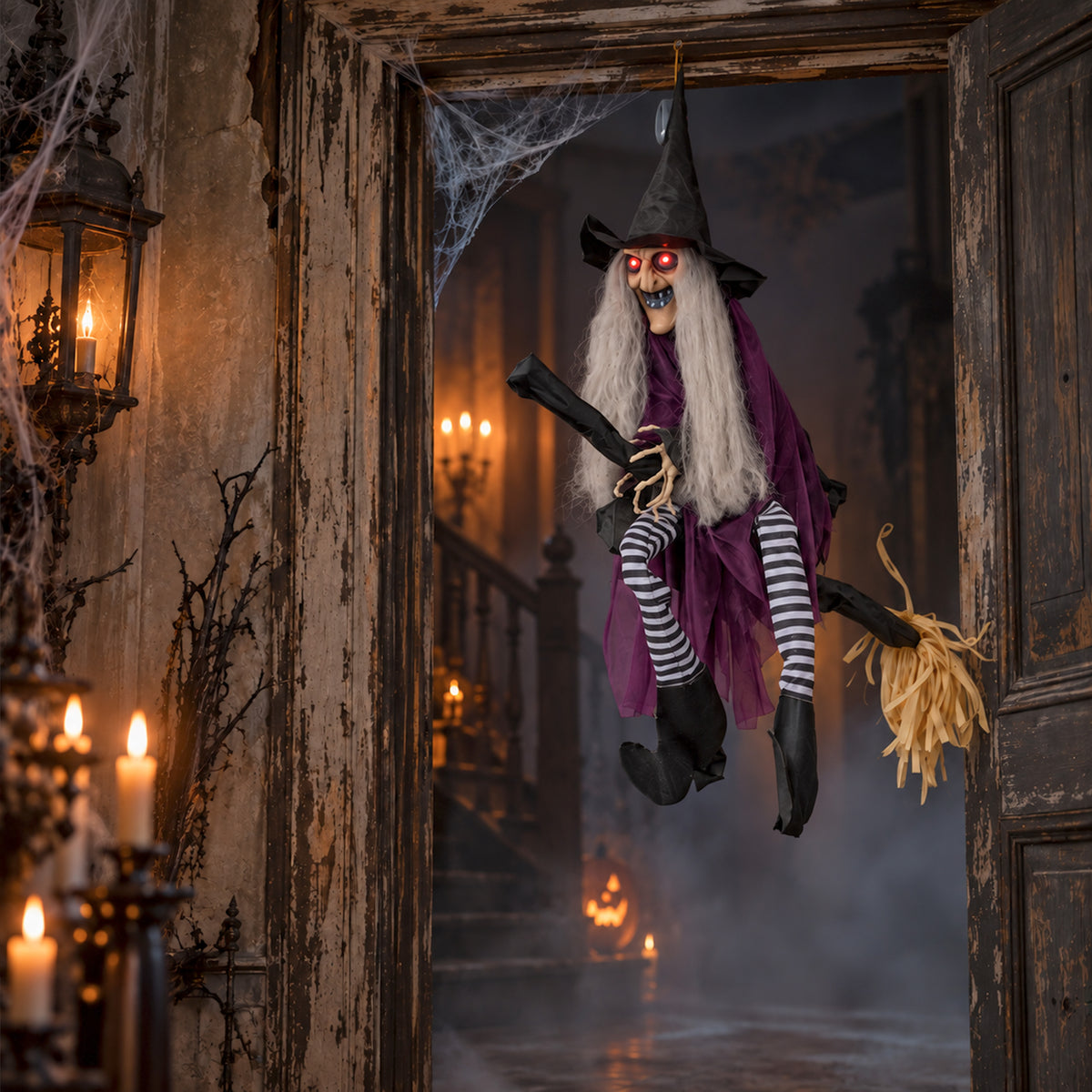 90cm Animated Hanging Halloween Witch with Red Light Up Eyes & Sound